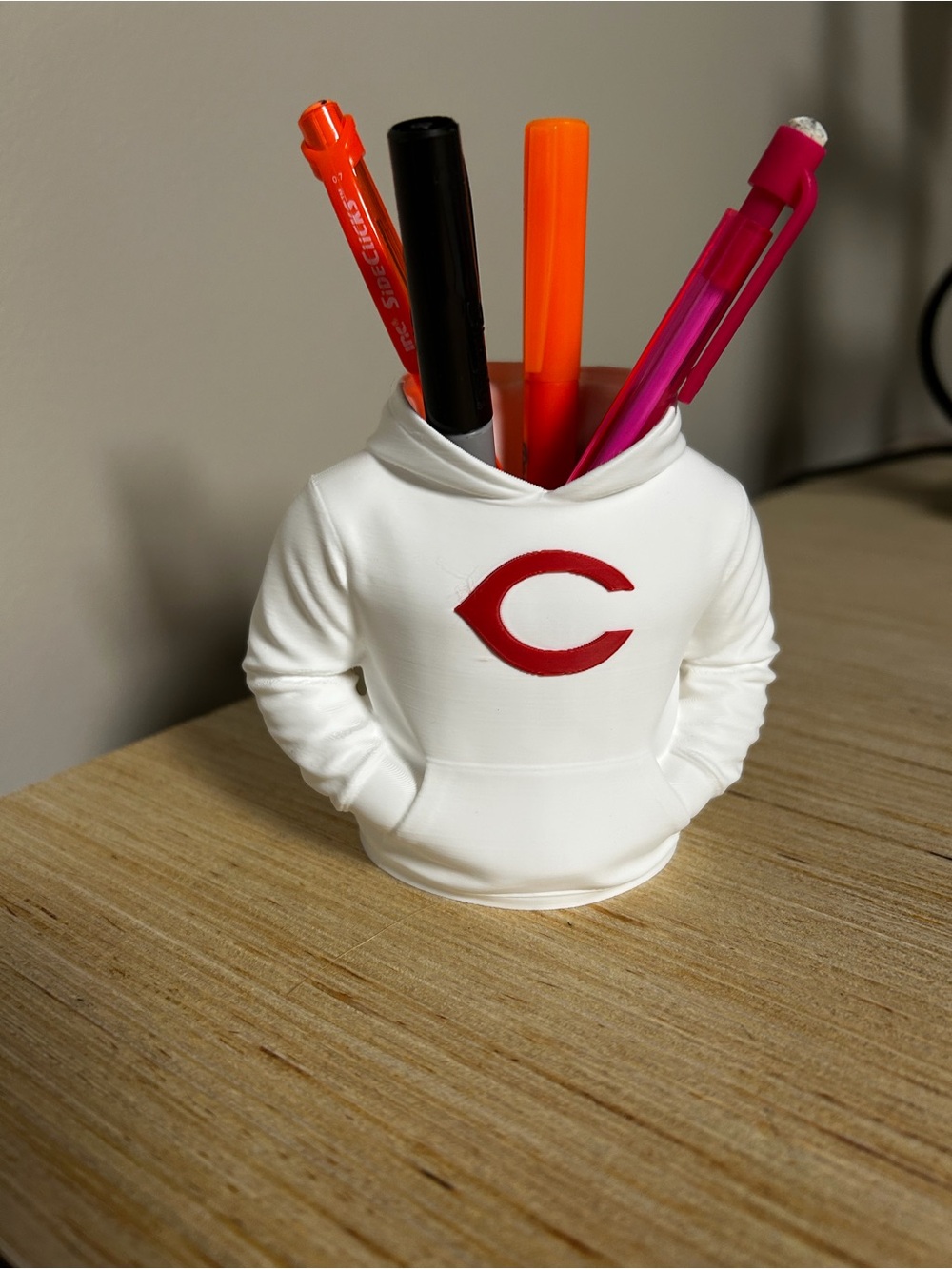 White Hoodie Pen Holder with Red Logo - Desk Organizer